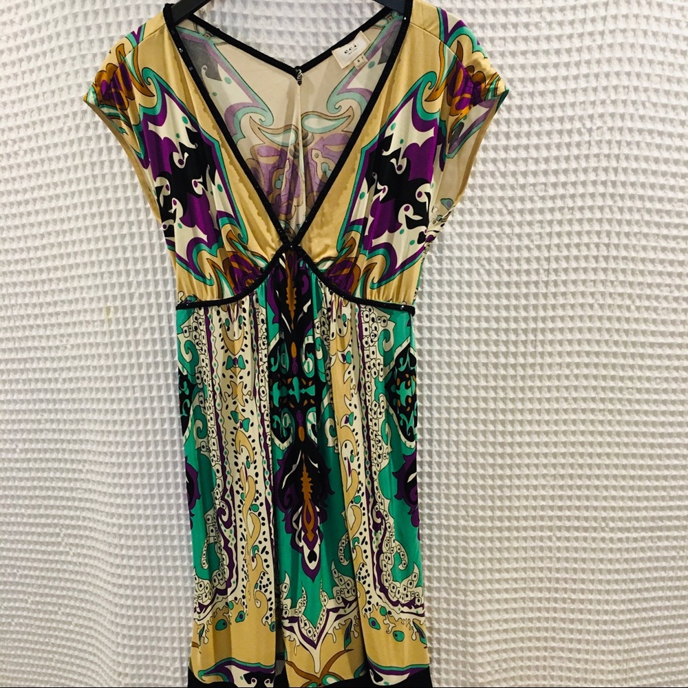 New ECI New York V neck beaded silk floral dress